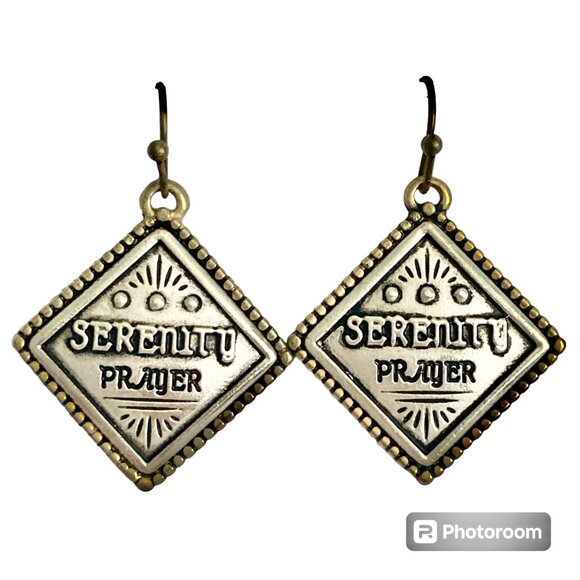 Serenity Prayer Earrings Silver Gold Tone AA NA Alcoholics Anonymous Dangle - Picture 2 of 9